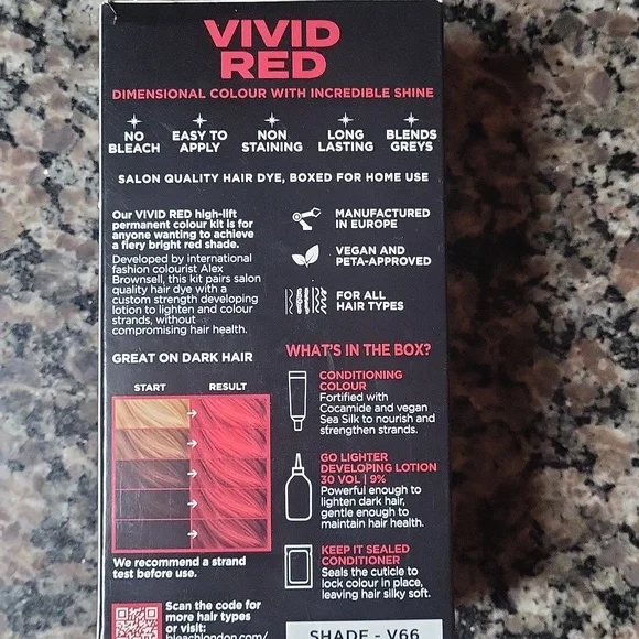 No Bleach London Vivid RED Hair Dye V66 NIB permanent vegan dye blends grays - Picture 4 of 8